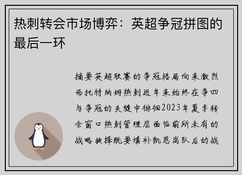 热刺转会市场博弈：英超争冠拼图的最后一环